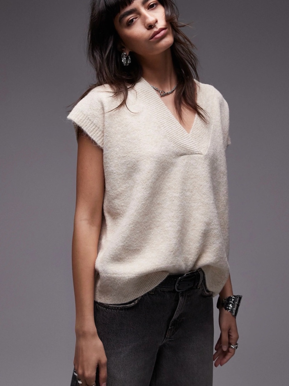 Topshop V-neck Sweater Vest Cream/Oat Color Size Medium